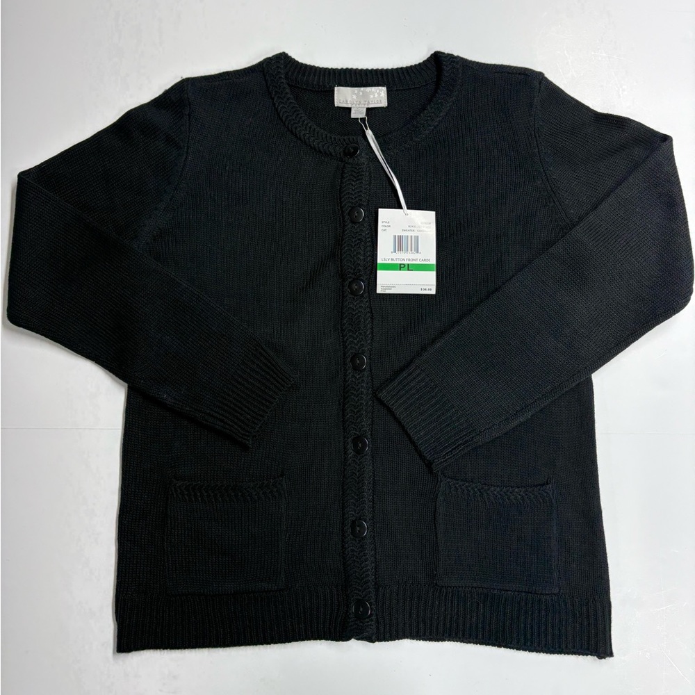 NWT Carolyn Taylor Cardigan Sweater Womens L Petite Pockets Black Grandmacore